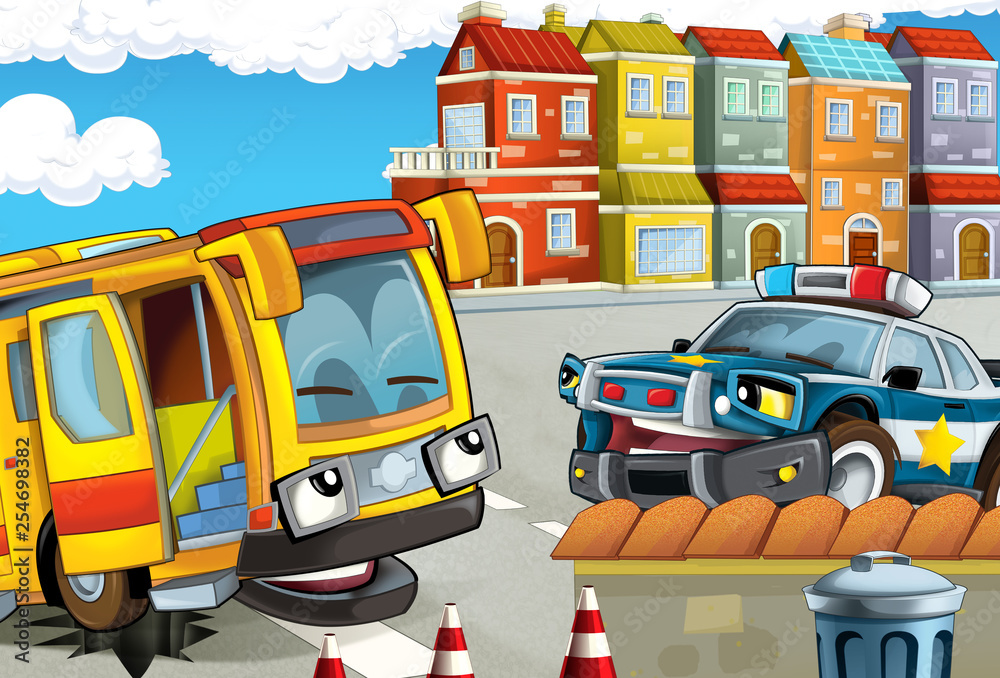 cartoon scene with police car and a bus standing and talking in the city street bus stuck in the hole - illustration for children