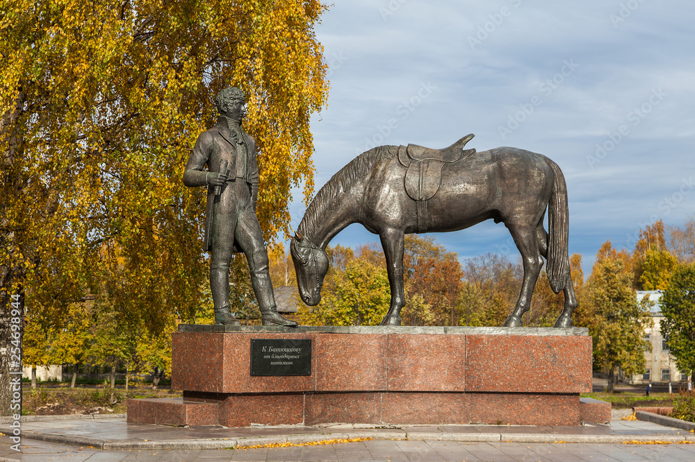 Monument to the Russian poet Konstantin Batyushkov on the river bank in the city of Vologda (Russia).