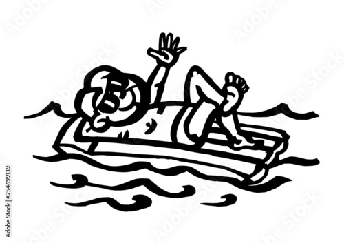 Boy on inflatable deck chair floats in the sea and waving, summer relax, black and white icon