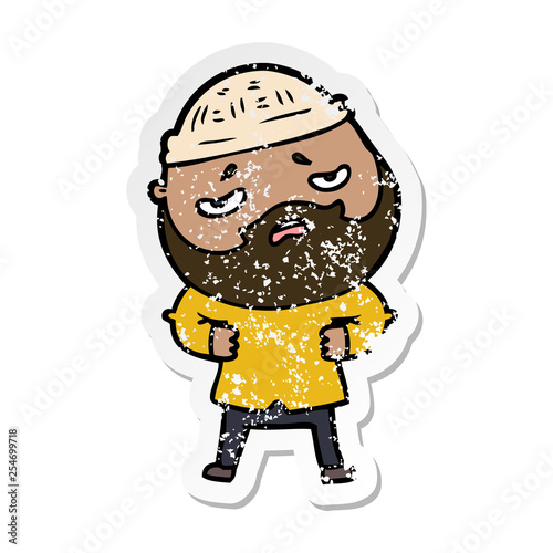 distressed sticker of a cartoon worried man with beard