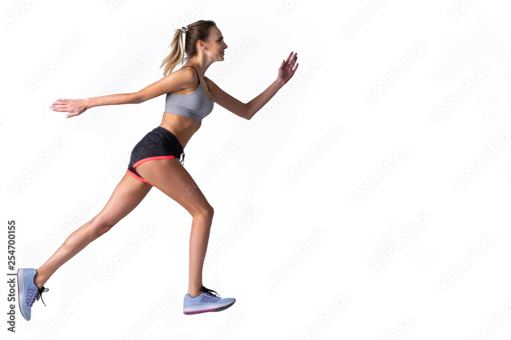 Fototapeta premium Not a professional girl on white background. Dynamic movement.