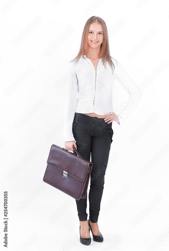 young business woman with leather portfolio.isolated on white young business woman with leather portfolio.isolated on white