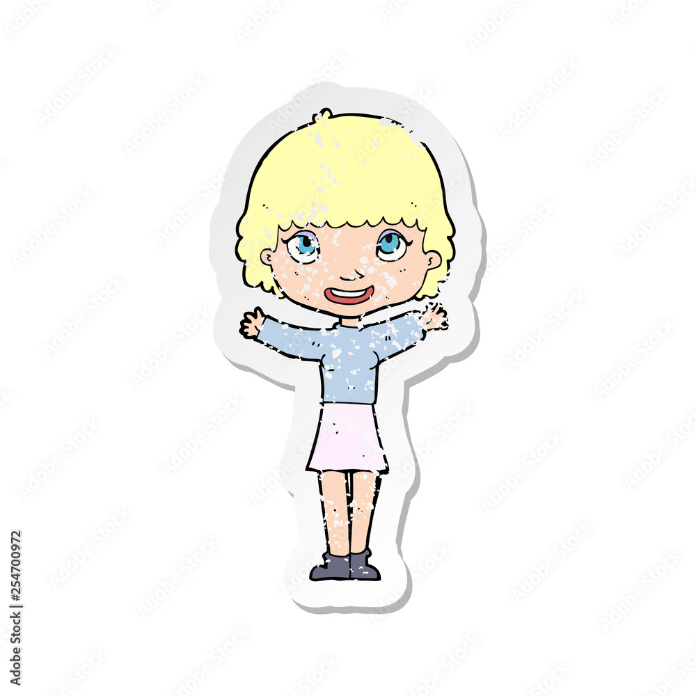 retro distressed sticker of a cartoon woman waving retro distressed sticker of a cartoon woman waving