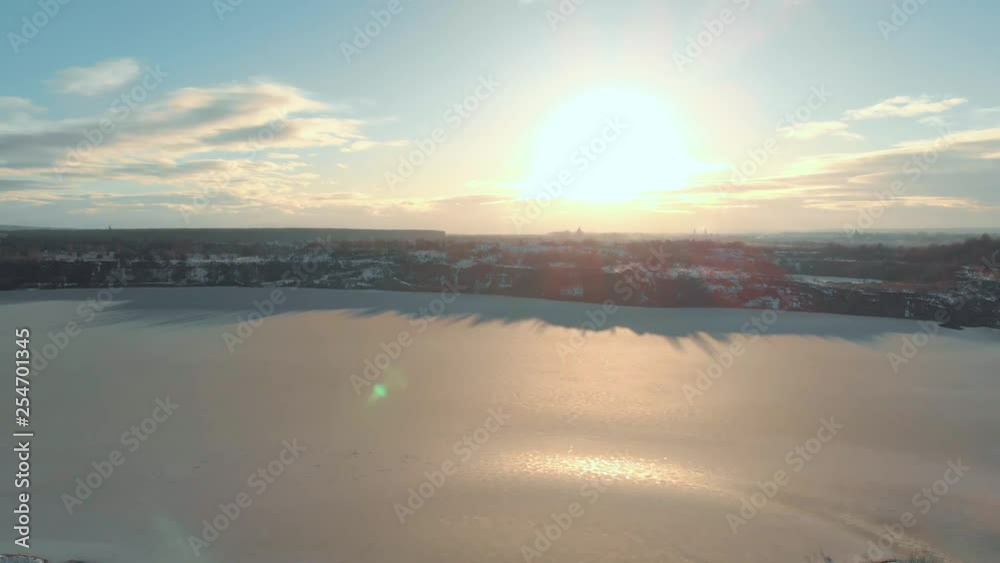 Aerial shot of the frozen river, winter, 4k Aerial shot of the frozen river, winter, 4k
