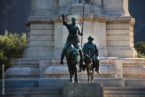Detail of Cervantes monument represent Don Quixote and Sancho Panza, squire of Don Quixote in Madrid, Spain