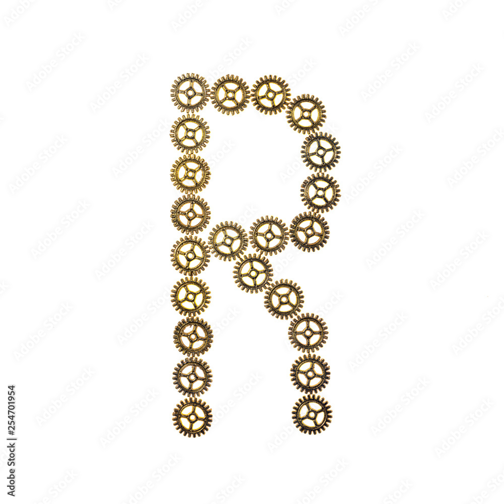 Alphabet letter R made of metal gears. Isolated on white background. Steampunk style