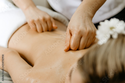 Masseur doing back massage to young woman.
