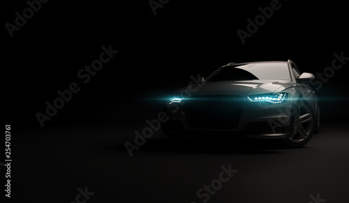 Stylish car on a black background with led lights on. Futuristic modern vehicle head light xenon on dark. 3d render © medvedsky_kz