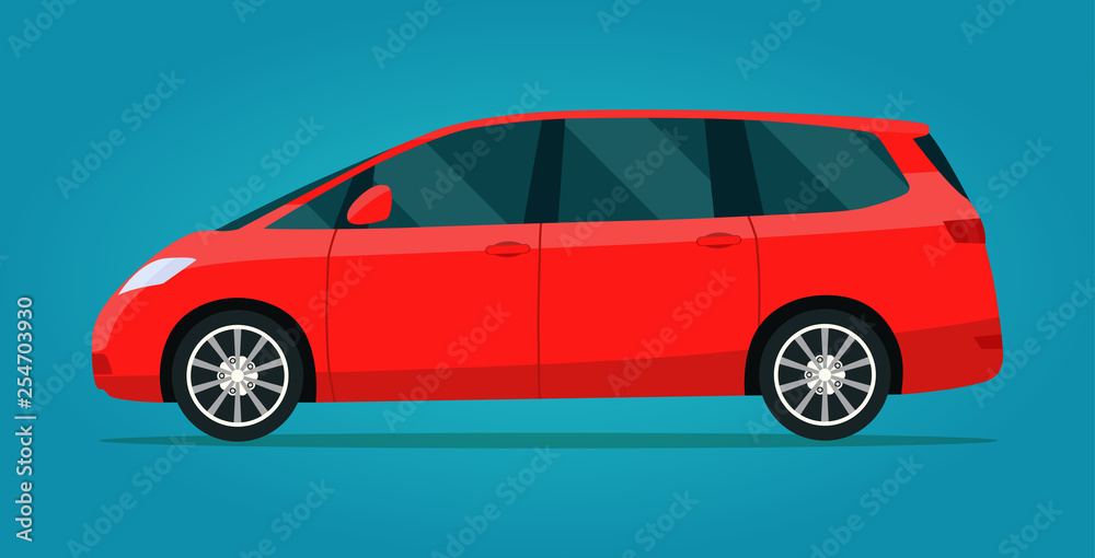 Red minivan isolated. Vector flat style illustration.
