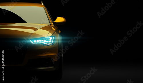 Stylish car on a black background with led lights on. Futuristic modern vehicle head light xenon on dark. 3d render