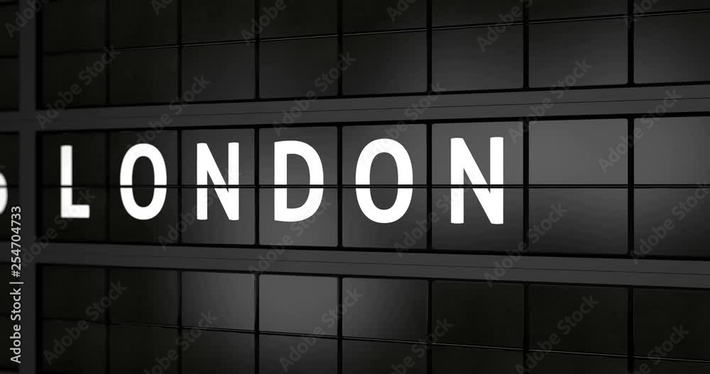 3D generated animation 4K, Analogue airport billboard with flight information, arrival city of London