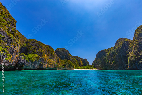 Maya Bay is one of the most famous beaches on Phi Phi Lay. But today there is no tourists on the beach because it needs to be temporarily closed
