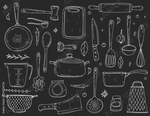 Big set elements with hand drawn kitchenware on a chalkboard background