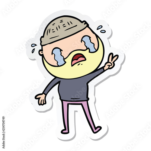 sticker of a cartoon bearded man crying