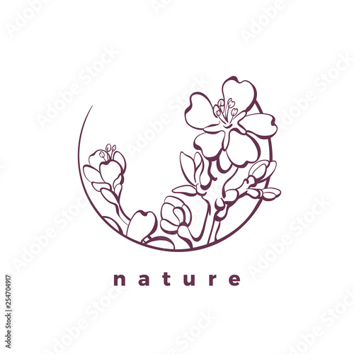 Vector nature logo in circle. Organic card. Almond tree