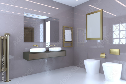 View of the sink  toilet and bidet in a large modern bathroom with brown doors.. Blank paintings.  Mockup. 3D rendering