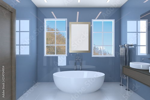 Blue bathroom with two washbasins and large windows. Blank paintings.  Mockup. 3D rendering