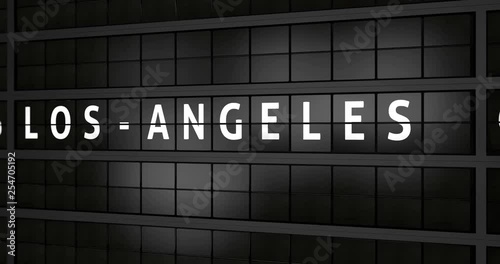 3D generated animation 4K, Analogue airport billboard with flight information, arrival city of Los Angeles