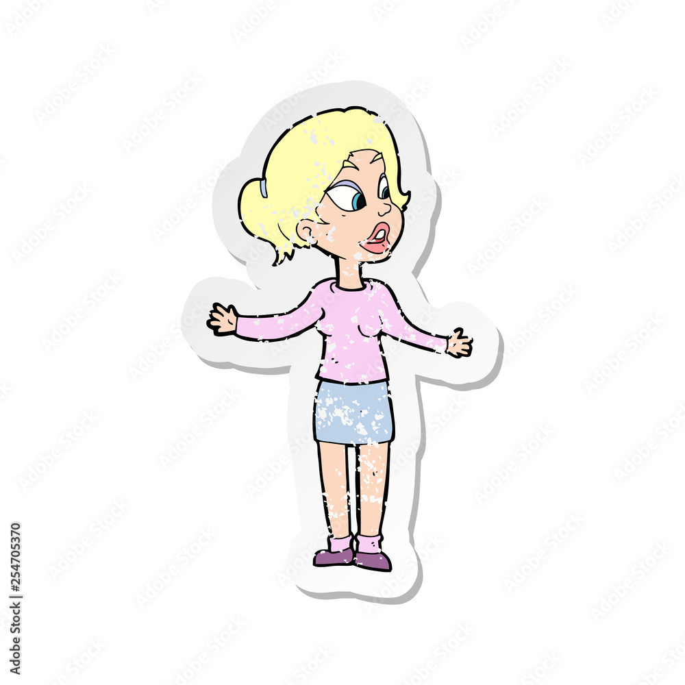 retro distressed sticker of a cartoon pretty woman explaining something retro distressed sticker of a cartoon pretty woman explaining something