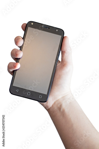 Hand is holding a phone isolated on white background with clipping path