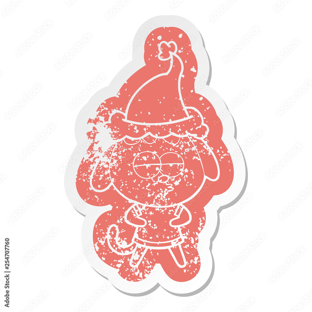 cartoon distressed sticker of a bored dog wearing santa hat cartoon distressed sticker of a bored dog wearing santa hat