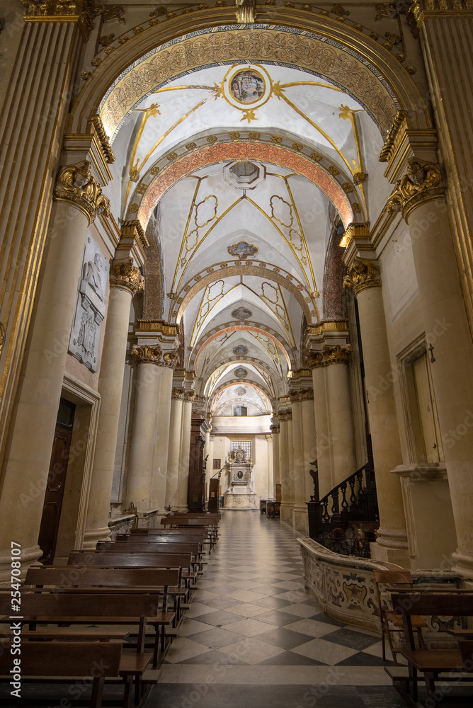 LECCE, Puglia ,Italy -  Inside interior of Virgin Mary Cathedral ( Basilica di Santa Maria Assunta in Cielo ). Church on Piazza del Duomo square.  Baroque city of Apulia 