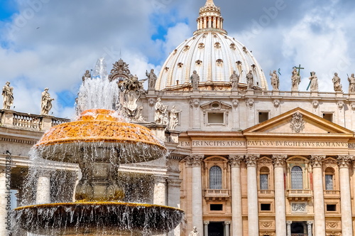 Fountain on St. Peter`s square in Vatican, center of Rome, Italy