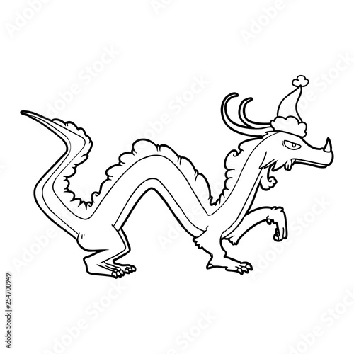 line drawing of a dragon wearing santa hat