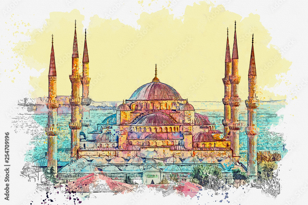 Obraz premium Watercolor sketch or illustration of a beautiful view of the Blue Mosque or Sultanahmet in Istanbul in Turkey