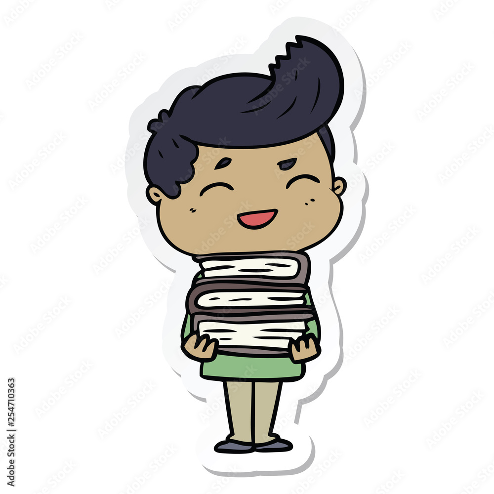sticker of a cartoon man laughing holding books sticker of a cartoon man laughing holding books