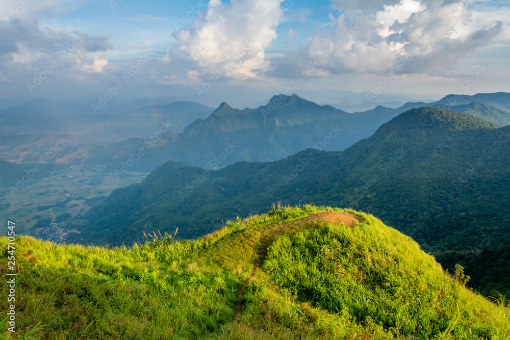 Beautiful mountain landscape in the Phu Chi fa National Park in Chiang Rai Province, Thailand.