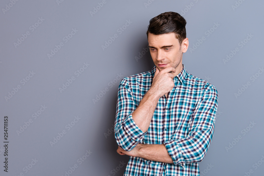 Close up photo attractive amazing he him his man hands arms chin think over look down empty space unsure perfect hair styling wearing casual plaid checkered outfit isolated grey background Close up photo attractive amazing he him his man hands arms chin think over look down empty space unsure perfect hair styling wearing casual plaid checkered outfit isolated grey background