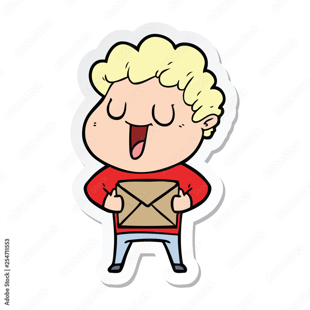 sticker of a laughing cartoon man with parcel