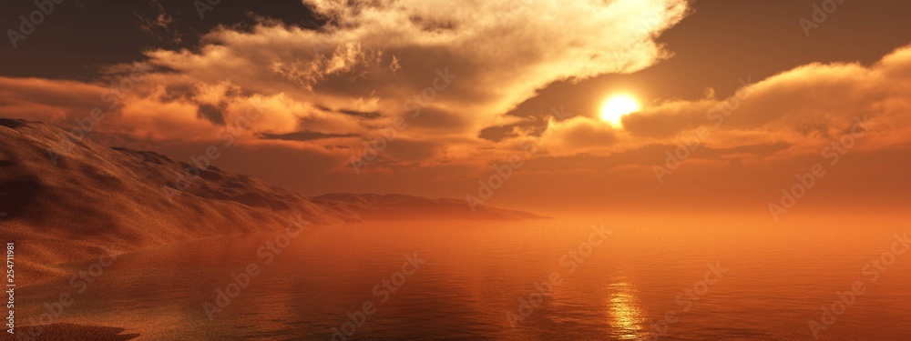 Panorama of the sea at sunset, the sun among the clouds over the sea, the seashore at sunset