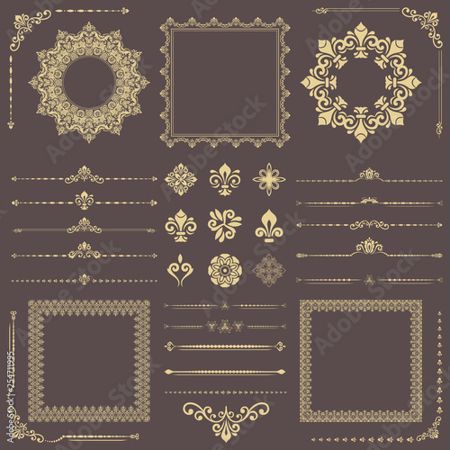 Vintage set of vector horizontal, square and round elements. Different elements for backgrounds, frames and monograms. Classic golden patterns. Set of vintage patterns