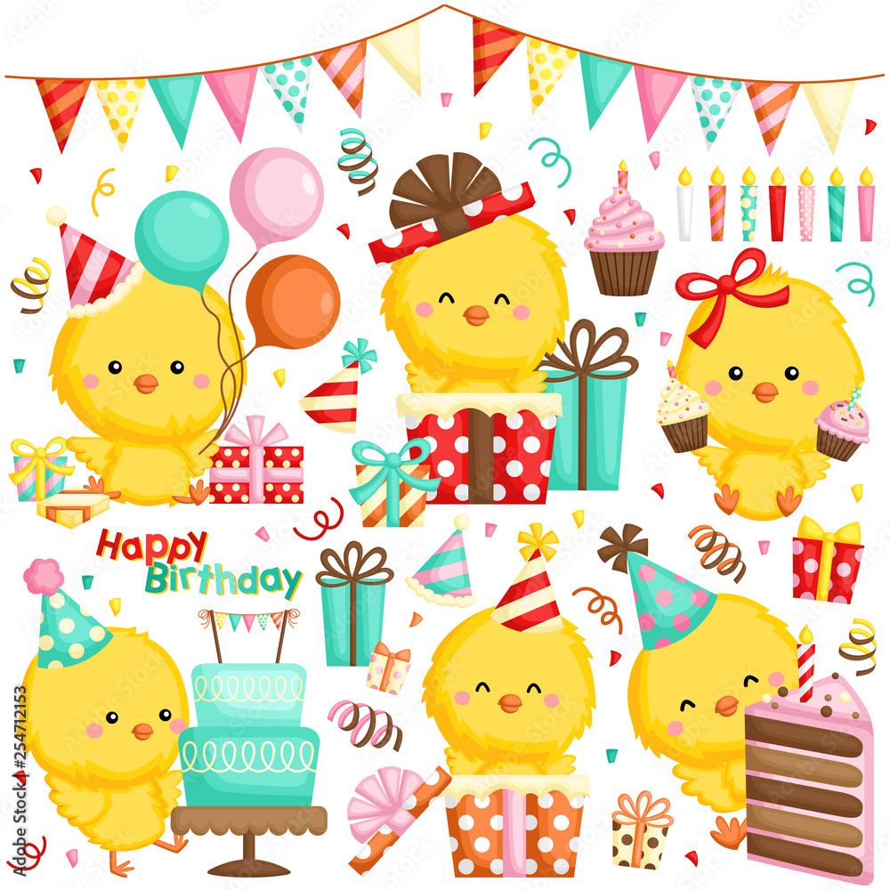 A Vector Set of Various Chickens Celebrating Birthday with Cakes and Many Gifts A Vector Set of Various Chickens Celebrating Birthday with Cakes and Many Gifts
