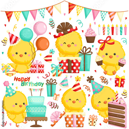 A Vector Set of Various Chickens Celebrating Birthday with Cakes and Many Gifts