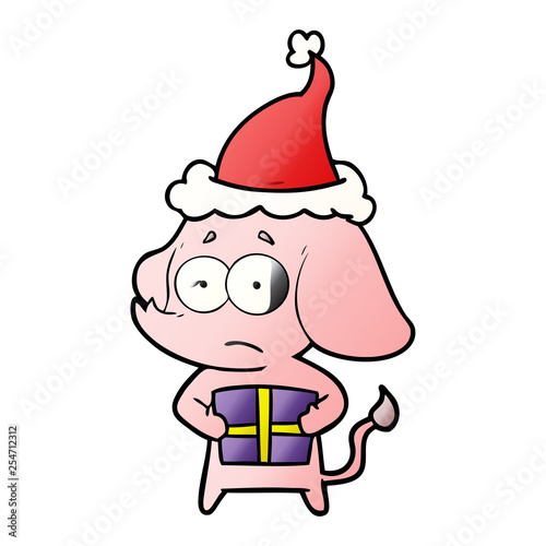 gradient cartoon of a unsure elephant with christmas present wearing santa hat