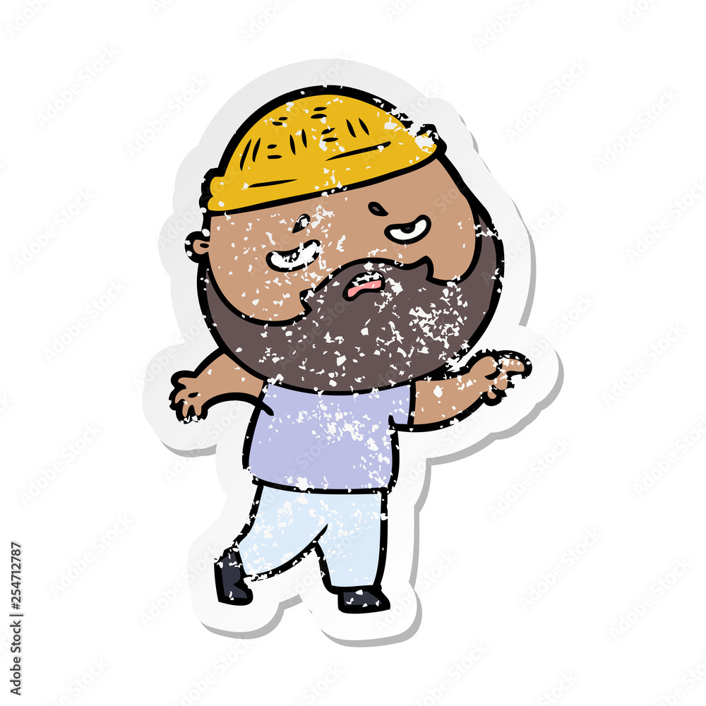 distressed sticker of a cartoon worried man with beard