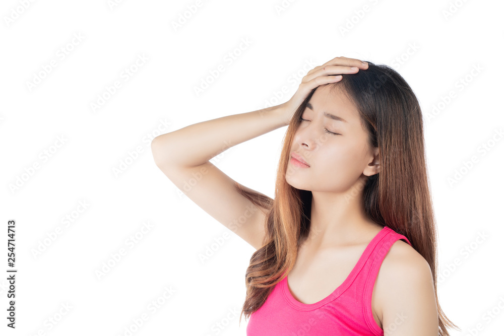 A woman wearing a pink shirt is a headache. On a white background