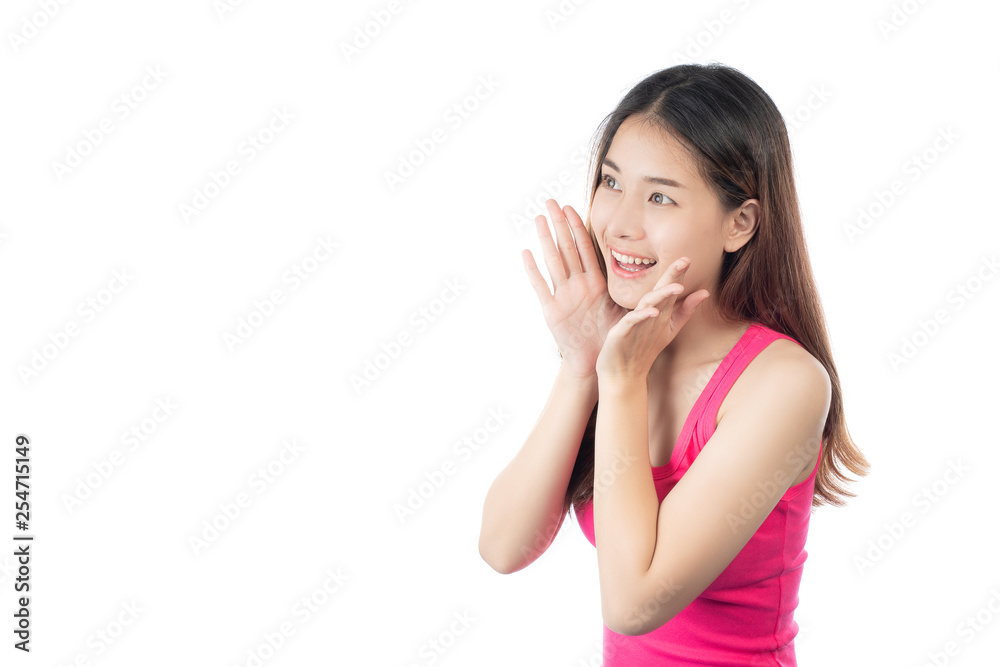 Beautiful woman wearing a pink shirt with a happy smile on a white background Beautiful woman wearing a pink shirt with a happy smile on a white background