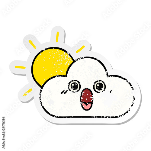 distressed sticker of a cute cartoon sun and cloud