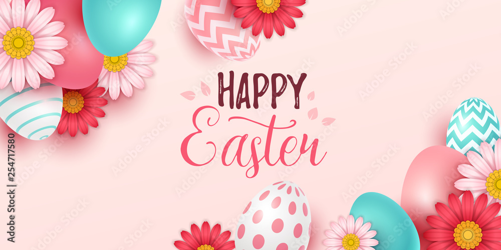 Plakat Easter background with spring flowers and eggs. Vector illustration