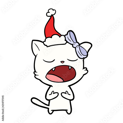 line drawing of a cat meowing wearing santa hat