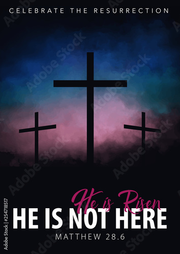 He is risen. Christian easter scene. Saviour's cross on dramatic sunrise scene.