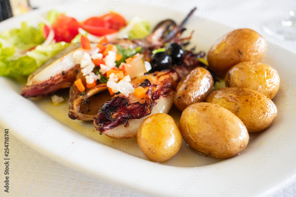 grilled squid with potato and salad on white dish grilled squid with potato and salad on white dish