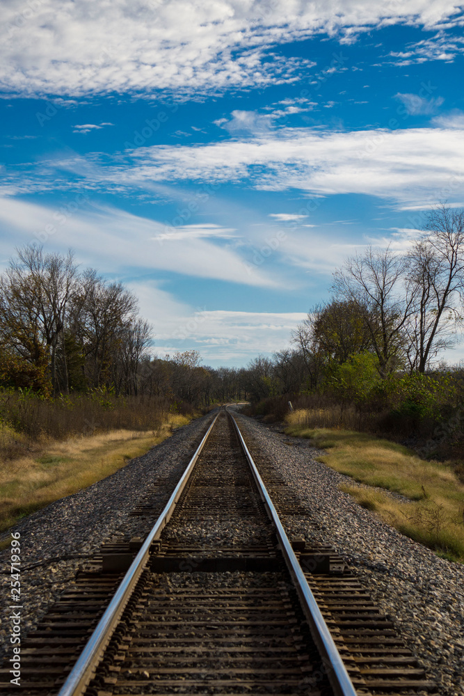 landscape with trees and blue sky by railroad tracks