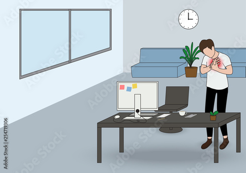 A Man has Chest Pain in Disease Symptoms Heart Attack in an Office , First Aids Emergency Vector Illustration