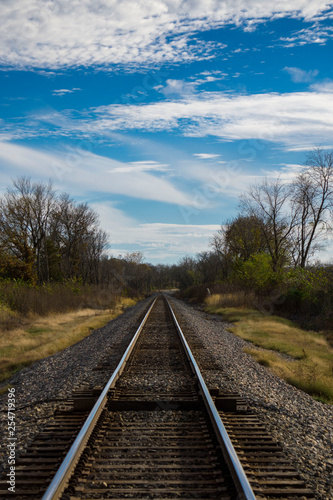 landscape with trees and blue sky by railroad tracks