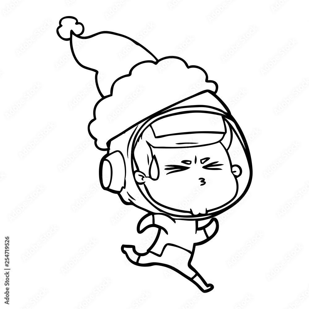 line drawing of a stressed astronaut wearing santa hat